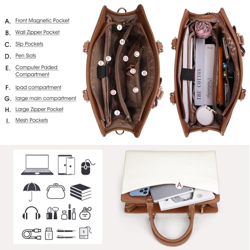 RAINSMORE Laptop Bag for Women 15.6 Inch PU Leather Laptop Tote Professional Business Office Work Bag Waterproof Briefcase Computer Tote Bag Large Lightweight Handbag Shoulder Bag - color: Beige and Dark Brown