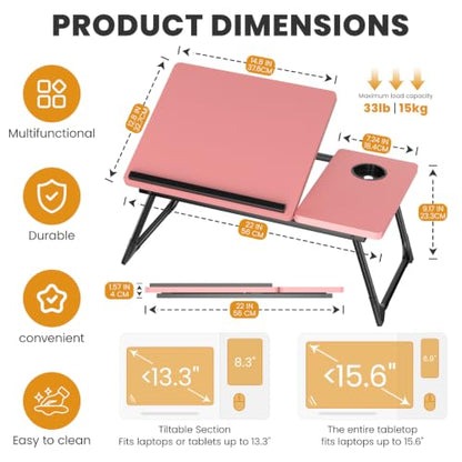 Laptop Bed Desk, 5-Angle Adjustable Bed Laptop Table with Cup Holder | Foldable Laptop Stand for Couch & Sofa, Portable Laptop Tray for Adults Writing Reading Eating, Pink - color: Pink