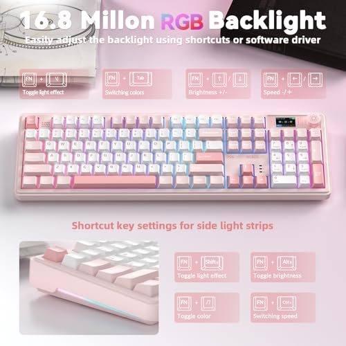 LINGBAO K108 Pro Wireless Mechanical Pink Creamy Keyboard with Number Pad | Full Size Mechanical Keyboard with 10000mAh Battery, PBT Keycaps, Gasket Mount, RGB Backlit Hot-swap Custom Keyboard for PC - color: White & Pink
