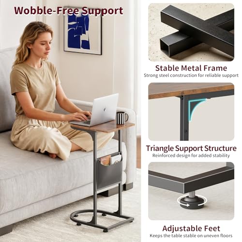 C Shaped End Table, Small Side Table for Couch, C Table that Slides Under Sofa with Storage Bag, TV Tray Table for Recliner, Living Room, Bedside, Bedroom, Small Spaces, Rustic Brown - color: Classic Rustic Brown