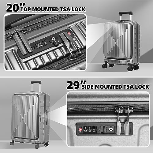 Kaleenie 2 PCS 20/29 Luggage Sets, 20” Cabin Luggage 29” Side Open Suitcase | 20 Inch with Front Pocket,29 Inch Checked Trunk Suitcase,Lightweight ABS+PC Hardshell,TSA Lock,HINOMOTO 360° Wheels,Grey - color: Dark Gray, size: 20/29 Set