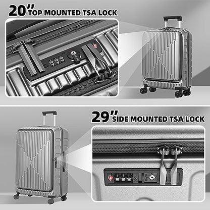 Kaleenie 2 PCS 20/29 Luggage Sets, 20” Cabin Luggage 29” Side Open Suitcase | 20 Inch with Front Pocket,29 Inch Checked Trunk Suitcase,Lightweight ABS+PC Hardshell,TSA Lock,HINOMOTO 360° Wheels,Grey - color: Dark Gray, size: 20/29 Set