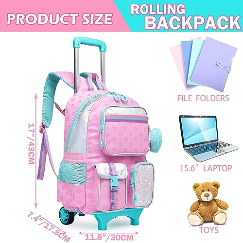 Meetbelify Backpack with Wheels for Girls Rolling Backpack Cute Carry on Backpack for Elementary Student - color: Pink