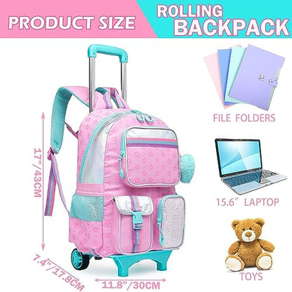 Meetbelify Backpack with Wheels for Girls Rolling Backpack Cute Carry on Backpack for Elementary Student - color: Pink