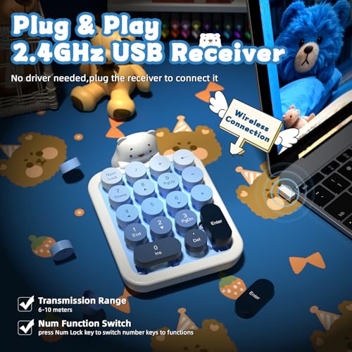 FELICON Cute Wireless Numeric Keypad with Silicon Bear,18-Key-Milk Blue | Colorful Round Keycaps,Ergonomic,2.4Ghz USB Receiver,Portable Financial Accounting Numpad Membrane Keyboard for PC,Mac,Laptop - color: Milk Blue
