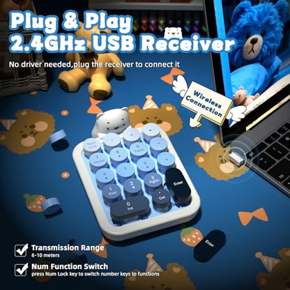 FELICON Cute Wireless Numeric Keypad with Silicon Bear,18-Key-Milk Blue | Colorful Round Keycaps,Ergonomic,2.4Ghz USB Receiver,Portable Financial Accounting Numpad Membrane Keyboard for PC,Mac,Laptop - color: Milk Blue