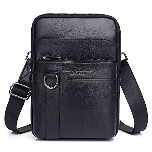 Hebetag Small Leather Sling Shoulder Bag Messenger Pack for Men Women Outdoor Travel Business - color: #09black(s)