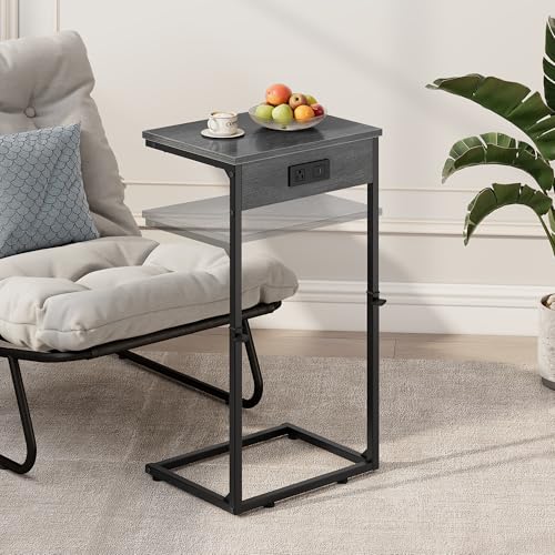 C Shaped End Table with Charging Station, Adjustable Height Side Table for Couch, Small Side Table, 33.2'' Tall Couch Tables that Slide Under, Tv Tray End Table for Living Room, Gray Walnut - color: Gray Walnut (1 Pack), style: With Plug