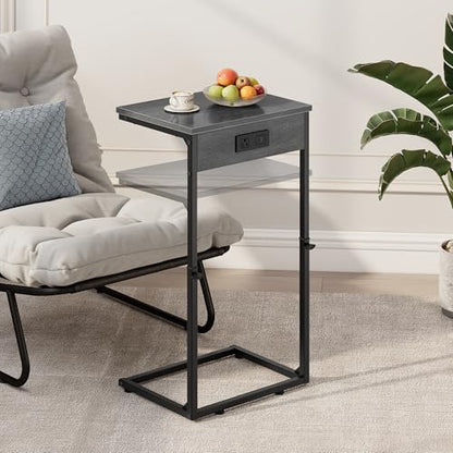 C Shaped End Table with Charging Station, Adjustable Height Side Table for Couch, Small Side Table, 33.2'' Tall Couch Tables that Slide Under, Tv Tray End Table for Living Room, Gray Walnut - color: Gray Walnut (1 Pack), style: With Plug