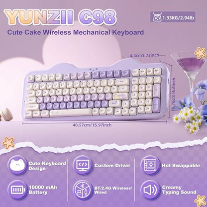 YUNZII C98 Wireless Mechanical Keyboard with Number Pad,99 Key BT5.0/2.4G/USB-C Hot Swap Gasket Mount with PBT MOA Keycaps,Custom RGB,Cute Cake Keyboard for Win/Mac (Purple, Milk V2 Linear Switch) - color: Purple, size: Milk V2 Linear Switch