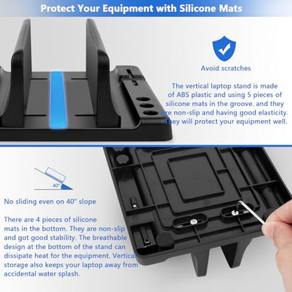 Vertical Laptop Stand Holder, ABS Organizer with Adjustable Dock, 3/4 in 1 Design Extra Storage Space-Saving, Sturdy Laptop Computer Holder for PC, MacBook, Mini PC, iPad (Black, 1 Slot) - color: Black