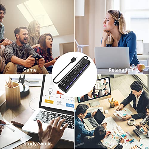 USB Hub, 7 Port USB 2.0 Hub LED Portable High-Speed Compatible for iMac Pro, MacBook Air, Mac mini/Pro, Surface Pro, PC and Laptop