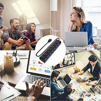 USB Hub, 7 Port USB 2.0 Hub LED Portable High-Speed Compatible for iMac Pro, MacBook Air, Mac mini/Pro, Surface Pro, PC and Laptop