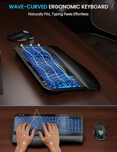 SABLUTE MA22 Pro Wireless Keyboard and Mouse Combo - Ergonomic Wave Keyboard with Soft Leather Wrist Rest, Phone Holder, Rechargeable, RGB Backlit Mouse, Full-Size Set for Windows/Mac/Computer - color: Black