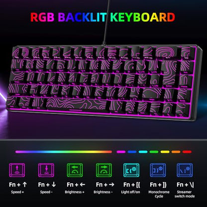 Snpurdiri 65% Wired Gaming Keyboard, 68 Keys RGB Backlit Ultra-Compact Small Gaming Keyboard, for PC/Mac Gamer, Typist, Travel, Easy to Carry on Business Trip Black - color: black