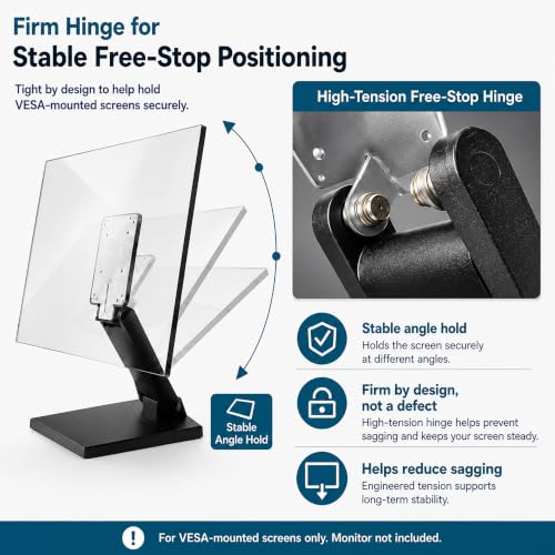 Foldable Portable Low Profile Monitor Stand, VESA 75x75/100x100 | Strong hinge stays securely in position throughout the -15° to +180° tilt range; compact, stable base saves desk space