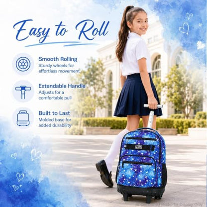 3Pcs Rolling Backpack for Girls, 19 Inche Women Roller Bag with Wheels for Adults, Wheeled Bookbag with Lunch Box(Blue) - color: Blue Love