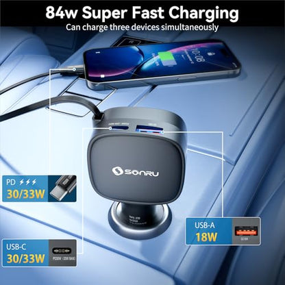 Retractable Fast Car Charger, 84W Max USB C Car Phone Charger Fast Charging, Cigarette Lighter Adapter with Built-in Retractable 31.5 inch Cable for iPhone15/16/17, Samsung, Android