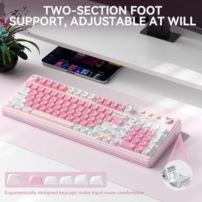 Aula F3099 Wireless Keyboard with Media Knob, Tri-Mode BT5.0/2.4GHz/USB-C Cute Creamy Keyboard with Number Pad, RGB Backlit Gaming Keyboard, Quiet Typing Pink Computer Keyboards for Office Laptop/PC - color: White & Pink
