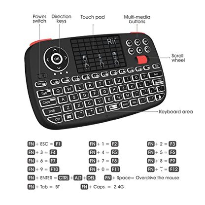 (Upgrade) Rii i4 Mini Bluetooth Keyboard with Touchpad, Blacklit Portable Wireless Keyboard with 2.4G USB Dongle for Smartphones, PC, Tablet, Laptop TV Box iOS Android Windows Mac.Black