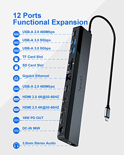 USB C Docking Station Dual Monitor with Power Adapter: NewQ 12-in-1 Thunderbolt 3 | 4 Dock, Dual 4K HDMI, 4 USB, Audio, Ethernet, SD/TF Slot, 18W PD Out, for Mac, HP, Dell, Lenovo, Surface, Asus, Acer - size: NQ-DK-02-Standard