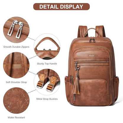 Shrrie 17 Inch Laptop Backpack for Women,Vegan Leather Backpack Purse,28L Work Business College Travel Computer Backpacks with Pouch Pocket for Large Capacity Cup & USB Charger,Caramel Brown - color: Caramel Brown