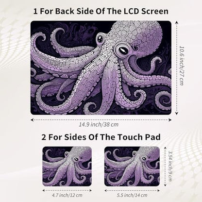 Laptop Skin Sticker 3-Piece Set,Purple Octopus | Trim-to-fit 3-piece vinyl set with one 15 x 10.6 in lid skin and two palm-rest decals for many 12-15.6 in laptops - color: Purple Octopus