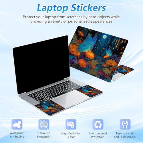 Universal Laptop Skin Sticker Decal with 2 Wrist Pad Skins, Waterproof Scratch Vinyl Cover for 11–15.6 Inch MacBook, HP, Dell, Lenovo, Cutable & Reusable,Blue Butterfly Moon Art - color: Blue Butterfly Moon Art