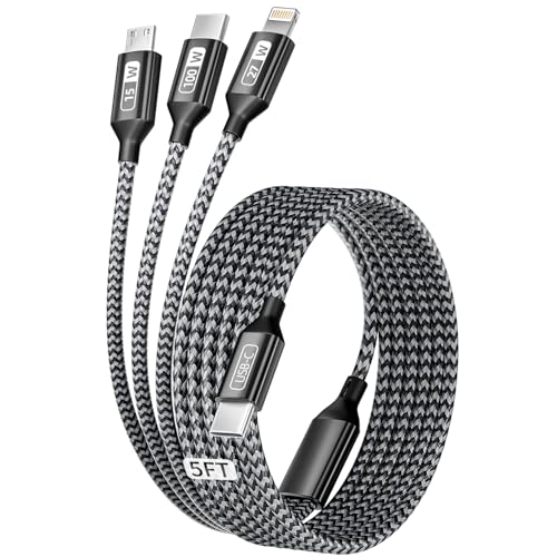 100W USB C Multi Charging Cable, 3 IN 1 USB C Charger Cable Fast Charging | 5FT Multiple Charger Cord with E-Mark Chip, Travel Cable with Type-C, Micro USB, IP Port for iPhone17-12, Tablet, Android - color: Blackgrey, size: 1Pack 5FT