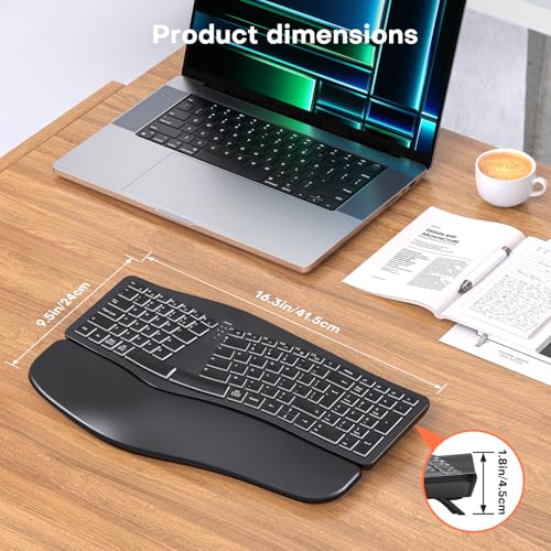 MOKURU Wireless Ergonomic Keyboard, Split Keyboard with Wrist Rest, Full Size 2.4G BT Computer Keyboard, Compatible with Windows, Mac OS, PC Computer/Laptop (Black)
