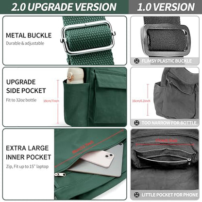 KALIDI Canvas Tote Bag Large Hobo Crossbody Shoulder Handbag Zipper Messenger Bag for Women or Men Casual College Work - color: Upgraded Dark Green