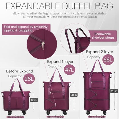 VOOWO Duffel Bag with Wheels - Rolling Foldable Expandable Duffle Bag with Wheel for Travel, Rolling Luggage Bag Carry On Travel Bag with Wheels, Large Wheeled Overnight Weekender Bags (Deep Purple) - color: Deep Purple