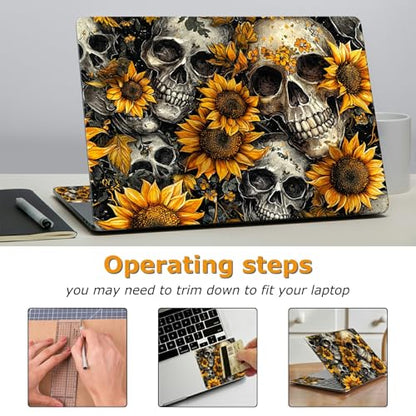 Universal Laptop Skin Sticker with 2 Wrist Pad Decals, 3-Piece Removable Vinyl Laptop Cover, Sunflower Skulls Waterproof Anti-Scratch, Easy-Trim Fit for 13.3" 14" 15.6" Laptops - color: Sunflower Skulls