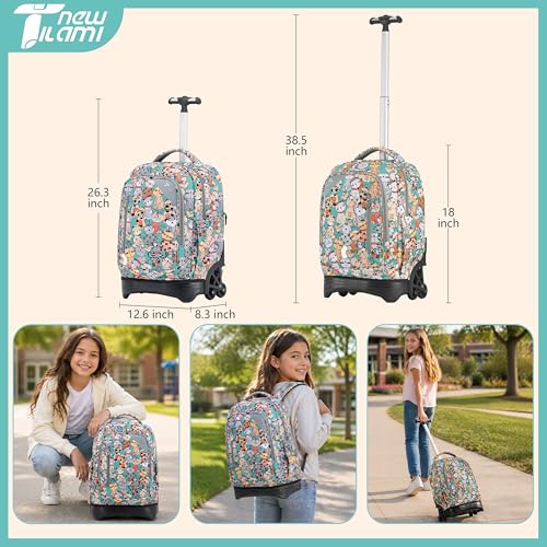 NEW TILAMI 18 Inch Rolling Backpack with Lunch Bag for Girls Boys School | 6-Wheel Stair-Climbing Girls Boys Carry-on Suitcase Water-Resistant Adjustable Trolley Handle Wheels School Travel Camping - color: Cats Cute