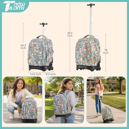 NEW TILAMI 18 Inch Rolling Backpack with Lunch Bag for Girls Boys School | 6-Wheel Stair-Climbing Girls Boys Carry-on Suitcase Water-Resistant Adjustable Trolley Handle Wheels School Travel Camping - color: Cats Cute