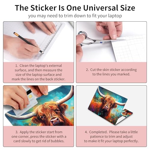 Laptop Skin Sticker 3-Piece Set,Highland Cow and Flowers | Trim-to-fit 3-piece vinyl set with one 15 x 10.6 in lid skin and two palm-rest decals for many 12-15.6 in laptops - color: Highland Cow And Flowers