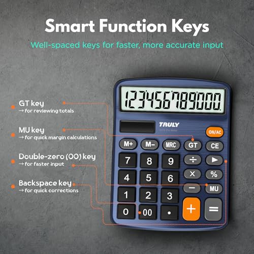 TRULY 12 Digits Desktop Calculator with Large LCD Display and Sensitive Button, Dual Solar Power and Battery, Standard Function for Office, Home, School, Metal Body, 837A Pro Blue - color: Deep Blue