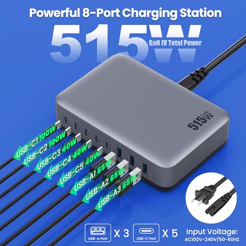 USB C Charger Block 515W[2025 Upgraded] GaN IV 8 Port Fast Charging Station Hub,Dual PD 100W USB C Laptop Charger Compatible with MacBook Pro/Air,iPad,iPhone 16/15,Galaxy S23/S24 Steam Deck Dell XPS - color: Black, size: 515W