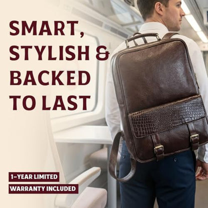 15.6" Luxury Burgundy Leather Laptop Backpack for Men & Women. Leather Bag for Professional Use in Office & Business - color: Burgundy