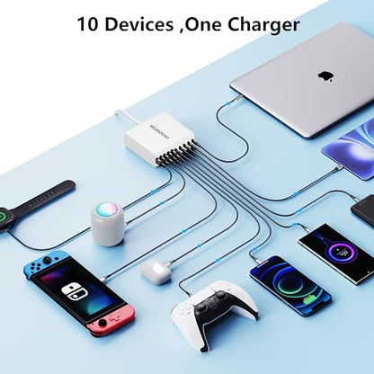 320W USB C Charger Block, 10-Port GaN USB C Charging Station White | PD 65W Laptop Fast Charger Adapter for MacBook Pro/Air, DELL, iPad, iPhone, Samsung Galaxy - color: White