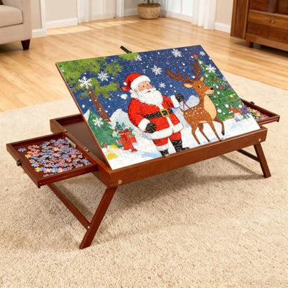 Solid Wood Puzzle Table with Tilt Adjustable Desktop, Portable Jigsaw Puzzle Board with Drawers, Non-Slip Felt Surface, Puzzle Table with Legs (Red-Brown) - color: Red-brown