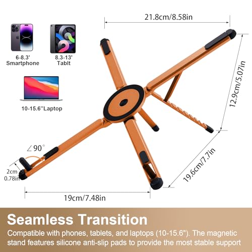 3-in-1 Foldable Magnetic Phone Tripod Stand, Portable Aluminum Alloy Adjustable Holder for Tablet, Laptop MacBook Pro/Air 10–16", Magnet Phone Mount Compatible with MagSafe iPhone Android - color: Orange
