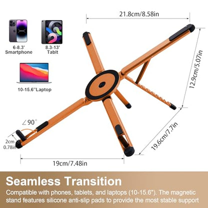 3-in-1 Foldable Magnetic Phone Tripod Stand, Portable Aluminum Alloy Adjustable Holder for Tablet, Laptop MacBook Pro/Air 10–16", Magnet Phone Mount Compatible with MagSafe iPhone Android - color: Orange