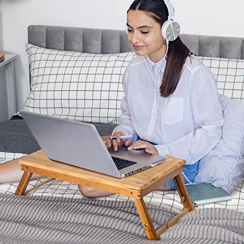 Tangkula Laptop Desk w/Heat-Dissipation Holes, Height Adjustable Bed Table | Folding Breakfast Serving Bed Tray, Tilting Top & Drawer, 100% Bamboo, Surfing Reading Writing Eating