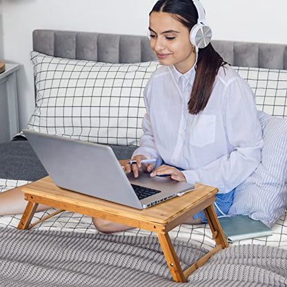 ReunionG Bamboo Laptop Desk with Drawer, Height Adjustable and 4-Level Tilting Desktop, Foldable and Portable Lap Tray with Heat-Dissipation Holes, Tray Table Stand for Surfing Reading Writing Eating