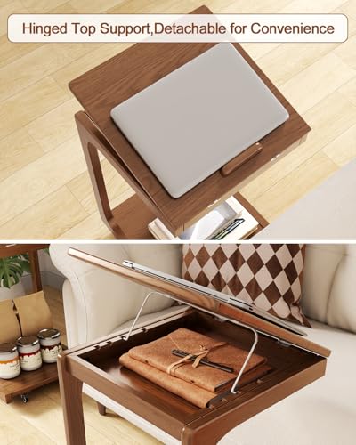 AQIMUELE Wooden C-Shaped End Table,Couch Table with Adjustable Desktop,Small Rolling Side Table with 2 Lockable Wheels,Small End Table for Couch, Living Room,Bedroom (Walnut) - color: Walnut, size: 15.6"D x 15.7"W x 24.8"H, style: Modern 2 Tier