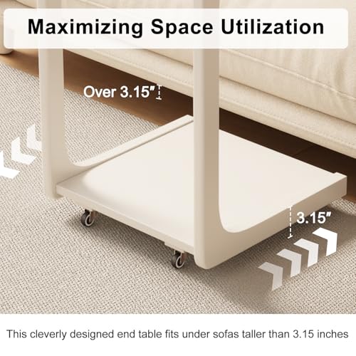 AQIMUELE Wooden C-Shaped End Table,Couch Table with Adjustable Desktop,Small Rolling Side Table with 2 Lockable Wheels,Small End Table for Couch, Living Room,Bedroom (White) - color: White, size: 15.6"D x 15.7"W x 24.8"H, style: Modern 2 Tier