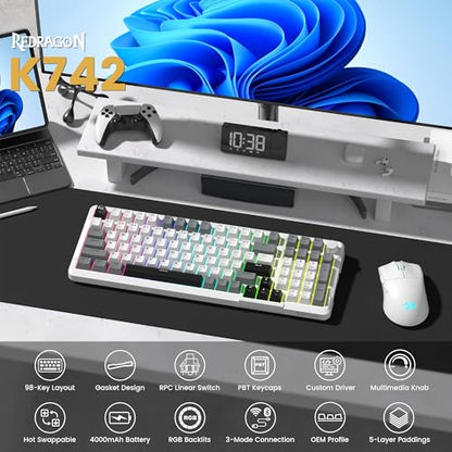 Redragon K742 Wireless Mechanical Gaming Keyboard with Knob, Bluetooth 5.0/2.4GHz/USB C Wired Creamy Keyboard with Number Pad for PC Computer, RGB Backlits, Hot-Swappable with Linear Switches (White) - color: White