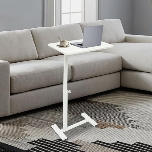 Overbed Table with Hidden Wheels, Bedside Table with Height Adjustable, H-Shaped Base, White Modern Rolling Table Tray & Laptop Cart for Laptop, Reading & Dining
