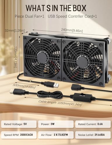 120mm x 2 USB Cooling Fan 5V DC Fan with Speed Control | 240mm Powered Router Fan Cooling for DVR Computer Receiver Xbox TV Box PlayStation Cabinet Modem - size: 240mm USB 5v
